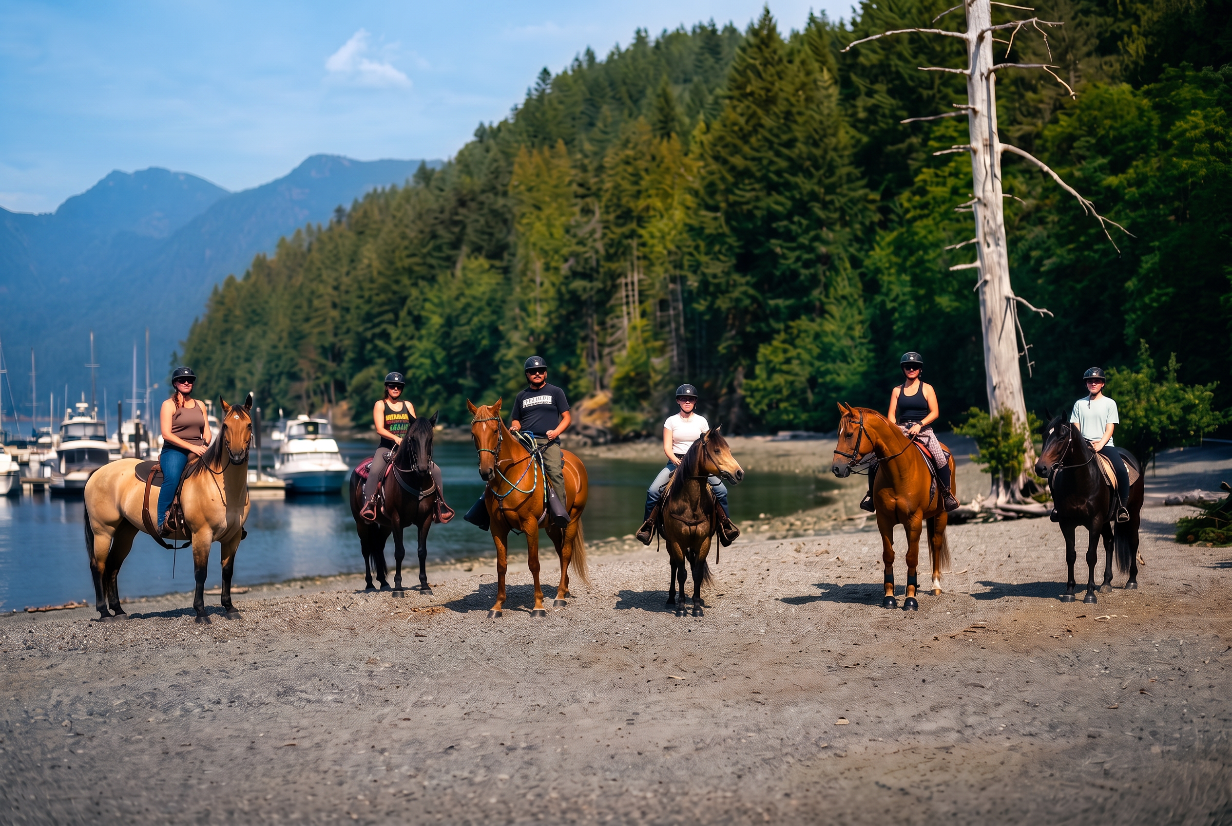 Five riders on horseback along a shoreline at sunset, backed by Bowen Island forest